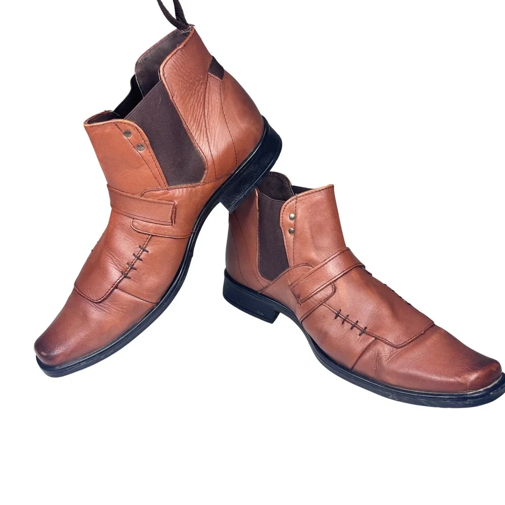 Leather Chelsea Boots Ankle Brown Square Toe Grunge Punk Streetwear Galileo 9.5